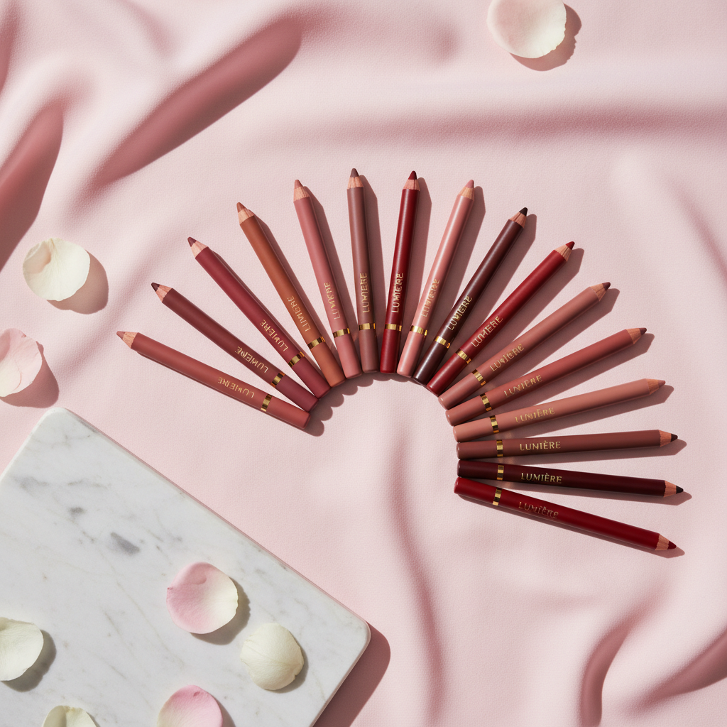 Cutelia 12-Piece Lip Liner Set – 12 versatile shades arranged on a pastel pink background